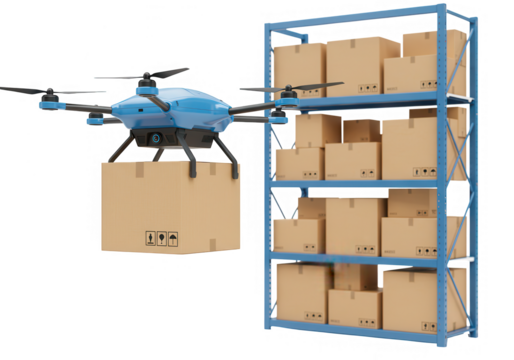 A blue delivery drone carries a package next to a warehouse shelf filled with boxes isolated on transparent background