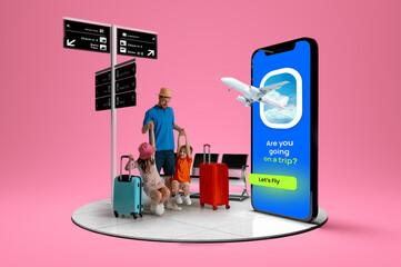 Dad and children at a terminal next to a huge digital screen with travel app UI and flying...
