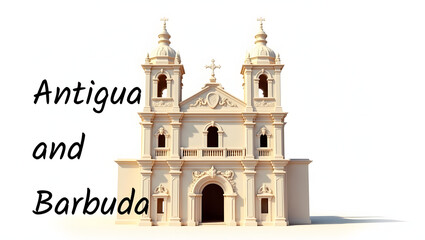 3d-style illustration of St. John’s Cathedral with the words 'Antigua and Barbuda' beneath. Warm tones and clean design on white background.