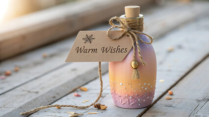 Stylish, colorful bottle with a blank label, perfect for product presentation. A digitally rendered, vibrant bottle with a warm, muted palette of peach, orange, and lavender hues.
