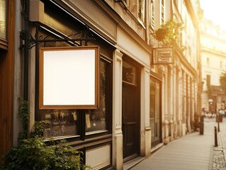 Exterior of a charming building with a blank sign, bathed in sunlight.