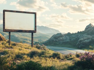 A blank billboard stands on a grassy hill overlooking a road winding through a mountainous landscape under a cloudy sky.