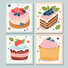 Set of hand drawn vintage posters in cute girly coquette style. Whimsical drawings of cake, berry and pastries. Dolce vita concept. Contemporary art vector illustrations