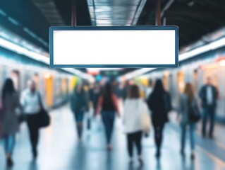 Blank advertising sign in a busy underground subway station.