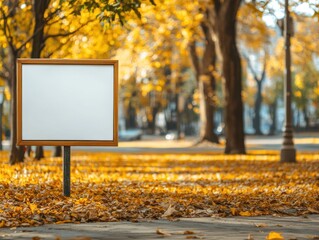 Blank signpost in autumn park, surrounded by golden leaves and trees.