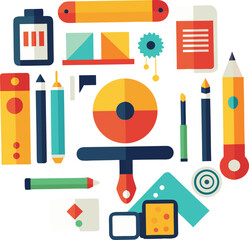 Collection of colorful flat design art and craft supplies including pencils paintbrushes erasers and other creative tools isolated on transparent background