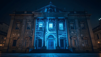 Concept of a smart building or digital data center. A classic architectural building illuminated with glowing blue lines of data.