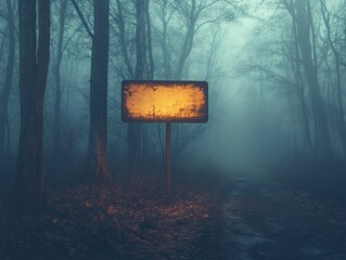 A weathered sign glows eerily amidst a misty, dark forest path.