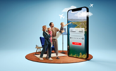 Parents and children in pajamas point at destination on a huge mobile screen with flight and train route. Concept of mobile travel apps, digital travel experience. 3D island composition