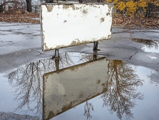 A weathered, white barrier reflects in a puddle on a cracked, concrete surface.