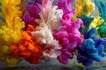 Obraz premium Vibrant and colorful smoke swirling in water creating a mesmerizing abstract liquid color splash. The detailed scene captures the beauty and movement of the swirling colors.
