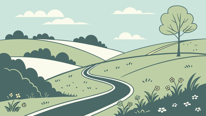 Vector illustration of winding road through green hills and landscape isolated on Transparent Background