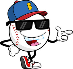 Cool Baseball Cartoon Mascot Character Wearing Sunglasses And Pointing