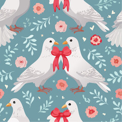 Seamless vector pattern with white pigeons holding cute coquette bow. Hand drawn background with birds and ribbons for wedding, valentine day design. Vintage line art wallpaper, wrapping ...