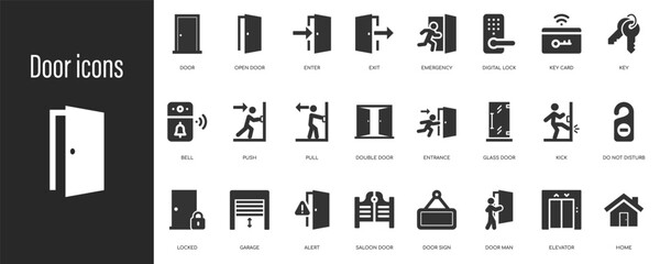 Door icon set exit, knock, open door, home, closed door