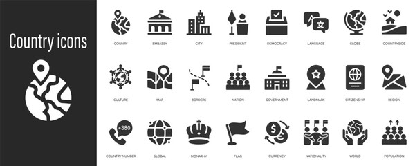 Country icon set. Containing flag, nation, citizen and world icon