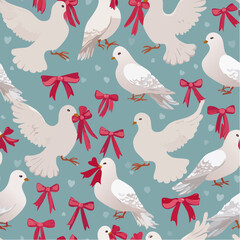 Seamless vector pattern with white pigeons holding cute coquette bow. Hand drawn background with birds and ribbons for wedding, valentine day design. Vintage line art wallpaper, wrapping ...