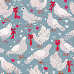 Seamless vector pattern with white pigeons holding cute coquette bow. Hand drawn background with birds and ribbons for wedding, valentine day design. Vintage line art wallpaper, wrapping ...
