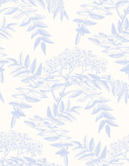 Botanical hand drawn shapes of branches seamless vector pattern in pale blue