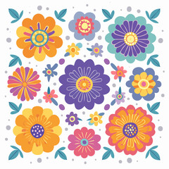 Set of abstract geometric flowers. Psychedelic floral squiggles. Naive art, groovy design. Colorful retro plants. Vector illustration