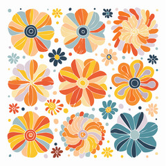 Set of abstract geometric flowers. Psychedelic floral squiggles. Naive art, groovy design. Colorful retro plants. Vector illustration