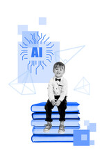 Composite zine pop trend collage of happy schoolboy sit book stack artificial intelligence app...