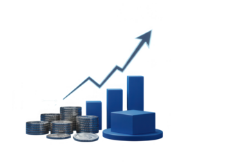 An upward trending arrow and bar graph symbolize financial success and growth isolated on transparent background
