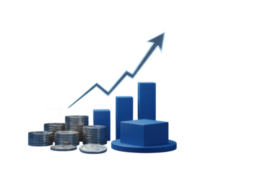 An upward trending arrow and bar graph symbolize financial success and growth isolated on transparent background