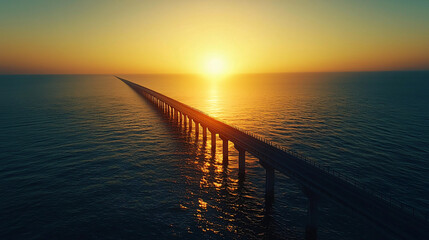 Obraz premium Majestic Sunset Over Long Pier Extending Into Calm Ocean Waters