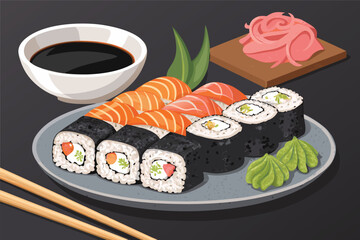Close-up vector food scene of a delicious sushi plate.