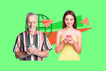 Banner full 3d artwork collage of happy girl guy hold phone globe networking paper plane...