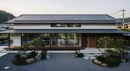A modern japanese house with solar panels on the roof surrounded by a zen garden and a minimalist design
