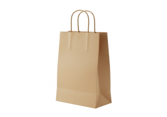 A plain brown paper shopping bag with rope handles is isolated on a transparent background