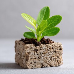 Green plant sprout growing from soil on a porous stone block