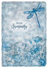Condolence greeting card with muted blue and gray floral and dragonfly artwork in vertical orientation