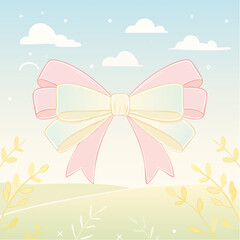 Cute ribbon bow clipart. Coquette and balletcore girly decoration. Hand drawn silk tape accessory. Vintage fashion element in pastel color. Vector drawing