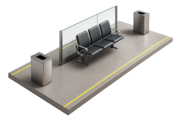 Island platform with central waiting area and metal trash bins