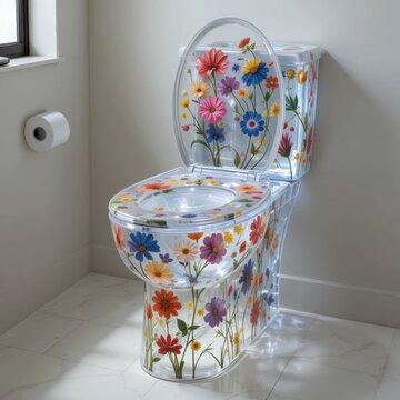 transparent toilet featuring colorful floral patterns embedded in the seat and base