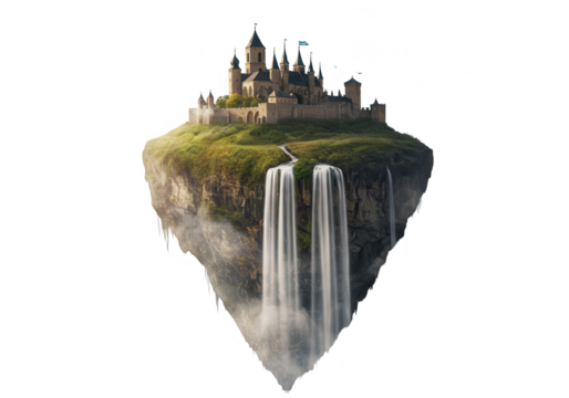 A majestic castle sits atop a floating island with cascading waterfalls, creating a fantasy landscape isolated on transparent background