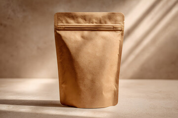A close-up shot of a brown paper package standing upright on a solid, neutral surface.
