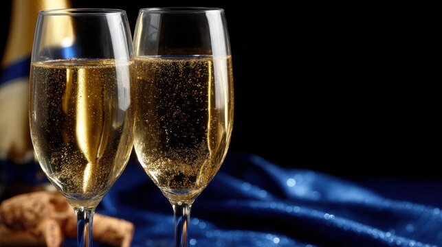 Two glasses of champagne beside a wine bottle on a white surface with soft natural lighting.