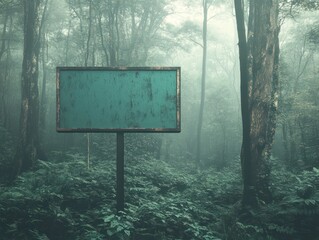 A blank, weathered sign stands in a dense, misty forest, surrounded by lush green vegetation.