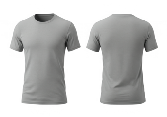 A gray tshirt is presented in front and back views, ideal for showcasing apparel designs and branding isolated on transparent background