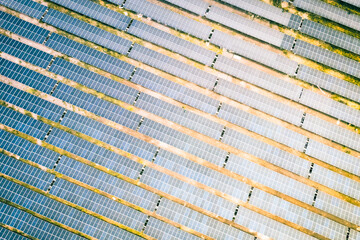 Solar energy farm. High angle, elevated view of large wide solar panels on an energy farm in rural England; full frame background texture