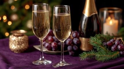 Two glasses and a bottle of red wine on a wooden table in soft natural light, elegant dining setup.