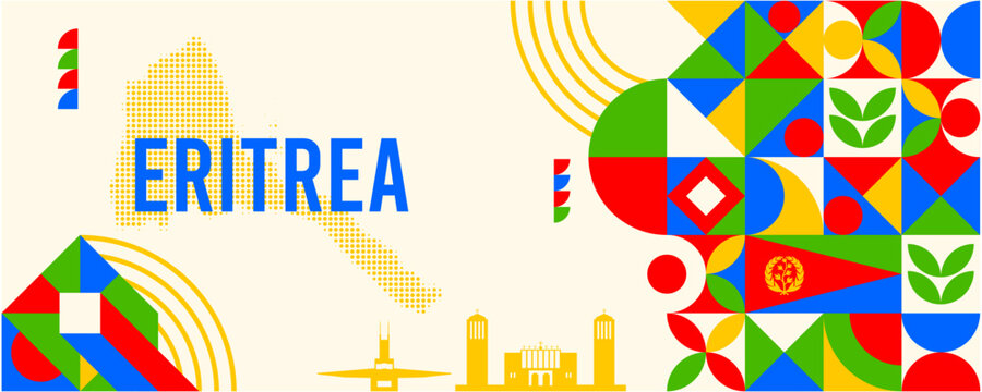 Colorful Geometric Eritrea Banner with Cultural Symbols and Flag Elements