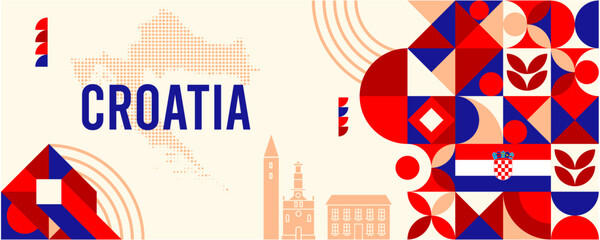 Colorful Geometric Croatia Banner with Cultural Symbols and Flag Elements
