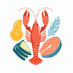 Set of abstract food posters with lobster, fish, breakfast illustrations. Contemporary art prints in colorful trendy style. Dinner party wall art. Vector graphic