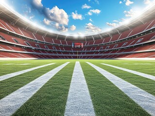 A vast, modern stadium under a bright, sunny sky;  perfectly manicured field awaits the game.