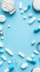 Assorted pharmaceutical pills and capsules arranged on a light blue background
